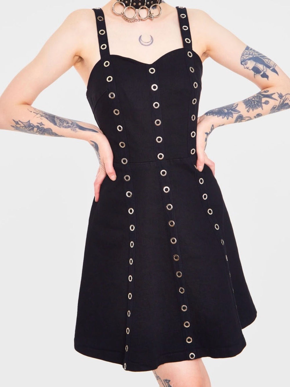 Women’s Jawbreaker Eyelet Silver Grommet Punk / Goth Mini Fit and Flare Dress